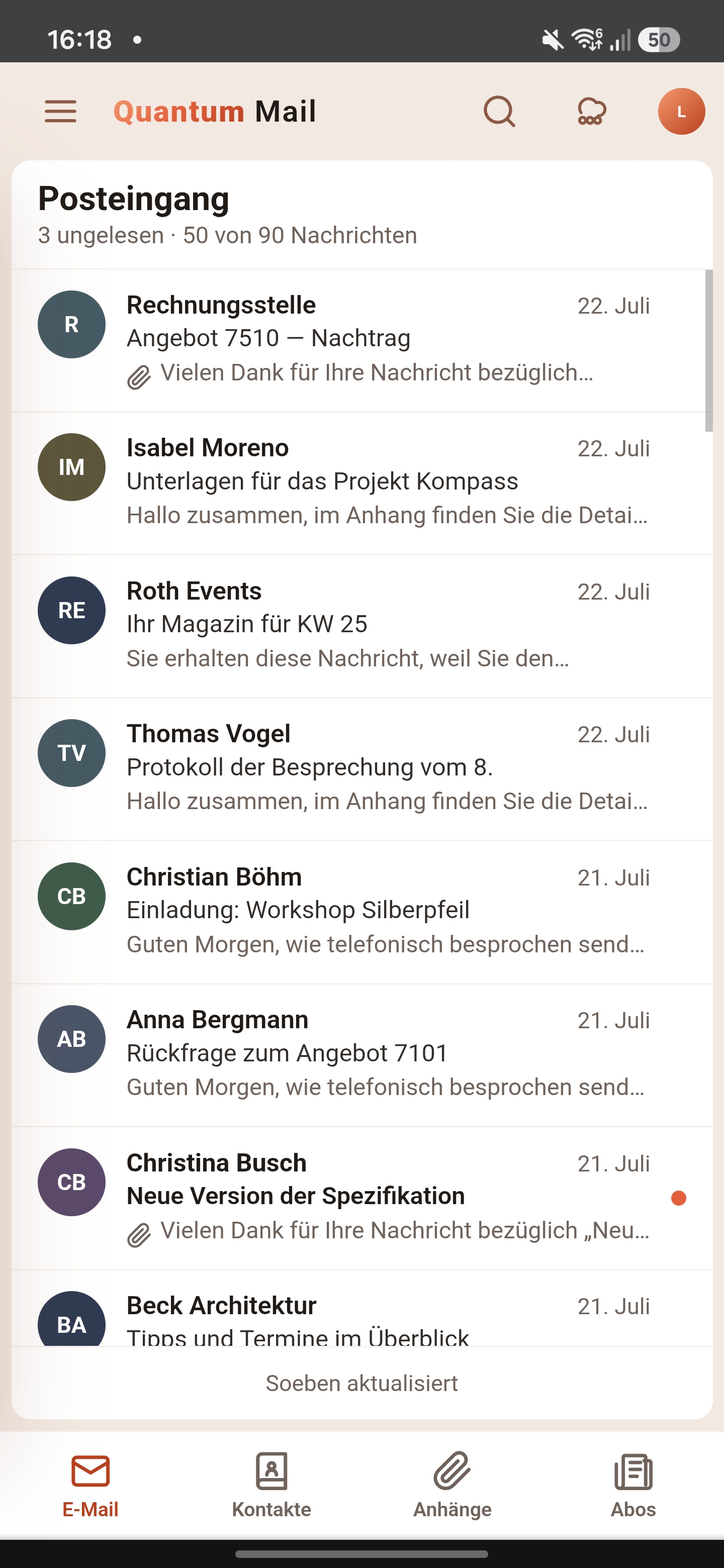 Quantum Mail mobile Ansicht